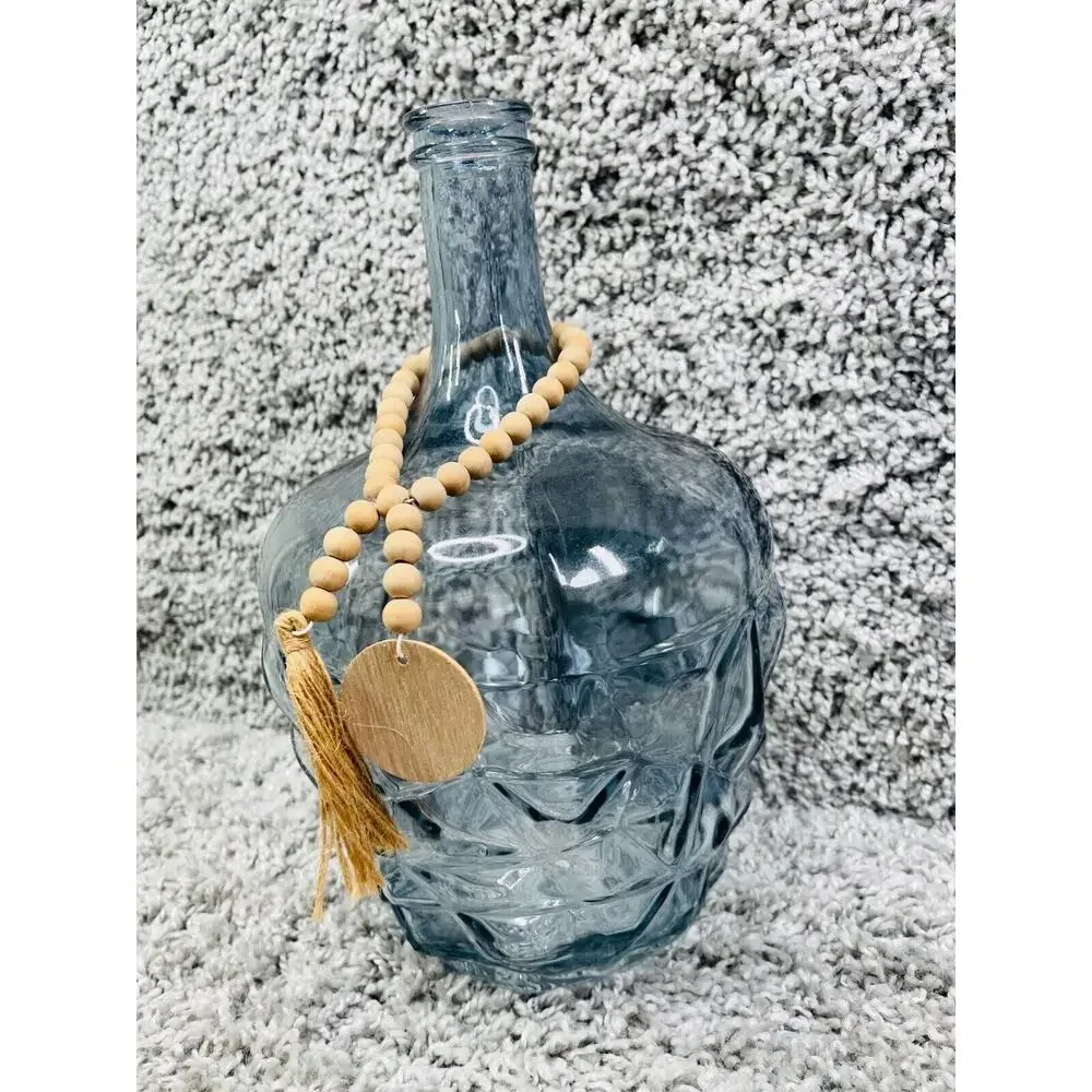 Blue Art Glass Bottle Vase With Round Wooden Beaded Tassel Garland 11